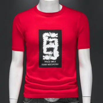 2024 Vermelho Preto T-shirt de Impressão Queda Homens O pescoço de Manga Curta Slim Pulôver de T-shirt Social Pulôver de Streetwear Social Club Roupas
