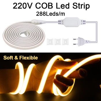 220V COB LED Strip 288LEDs/m Fita Led Impermeável Flexível da Luz de Néon 3000K/4500K/6000K Para a Cozinha Jardim de Iluminação Decoração