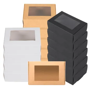 30 Pcs Mini Caixa de Papel Kraft com Janela de Embalagem de Presente Caixa de Tratar a Caixa de Sabão Tratar de Padaria Doce(Preto Marrom Branco)