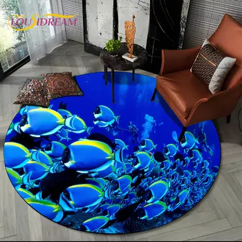 3D Leito de Underwater World Dolphin Tartaruga Redondo tapetes,Tapete para Sala, Quarto, Sofá-Sala de jogos de Decoração,antiderrapante, Tapete