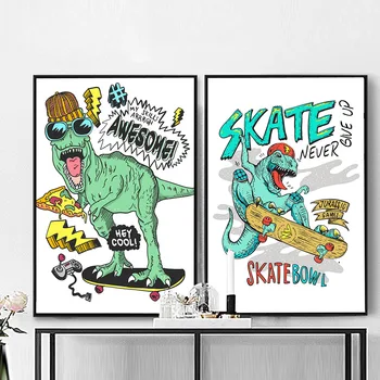 A moda Animal Cartazes e Estampas Legal Dinossauro no Skate Tela de Pintura Abstrata Parede Imagens para a Sala de Decoração de Casa