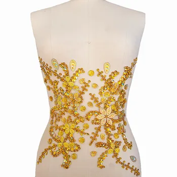 Bi.Dw.M Amarelo Emboridery Frisado de Lantejoulas de Cristal Strass, apliques de Patches 31x27cm Para Decoração de Casamento Vestido de Concurso de Beleza