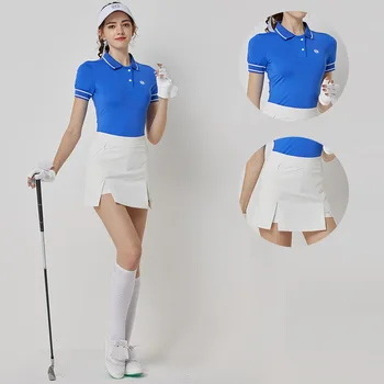 Blktee Mulheres Listra Golf Polo T-shirt Respirável camisa de Manga Curta Senhora Slim Saia Dividida Seca Rápido, Lápis Pantskirts Elegante Conjuntos