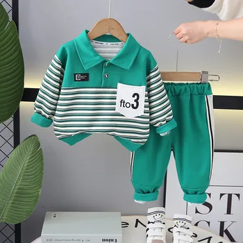 Estilo coreano Designer de Bebê, Roupas De 2024 Primavera de Retalhos Listrado Vire para baixo de Gola, Manga Longa com T-shirts Calças de Crianças Meninos de Terno