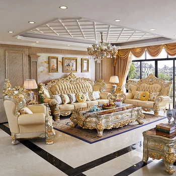 Estilo europeu sofá de couro com camada superior de couro de sala villa de alto luxo todo em madeira maciça sofá