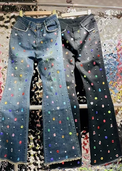 Jeans para Mulheres 2023 Outono Roupas Novas coreano Moda Doce de Jeans, Calças Cor de pedra de Strass de Cintura Alta Slim Senhora Calças Bootcut