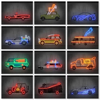 Neon desenho animado Carro de Polícia, Veículo SUV Carro de Lona da Pintura Abstrata Pôster e Impressão de Arte de Parede Imagem Para o Quarto de Decoração de Casa, Sem Luzes