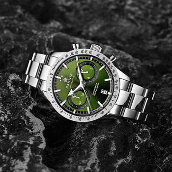 Nova Moda Parnis 40mm Green Dial Quartz Chronograph Mens Watch Calendário de Luxo Homens Impermeável Esportes Relógios reloj hombre 2023