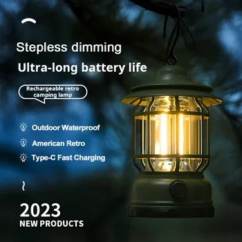 Nova Retro LED Recarregável de Iluminação Exterior Stepless de Escurecimento Bateria de Longa Vida ao ar livre Portátil de Suspensão Waterproof a Luz de Camping