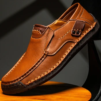 Os homens do Couro feitos à mão Sapatos Primavera de Cabeça Redonda de Tamanho Grande, Sapatos Casuais Escorregar no Curta de Condução Zapatillas Informales