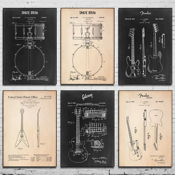 Os Instrumentos De Música De Patente De Impressão Vintage Poster De Guitarra, Piano Laço Projeto Arte De Parede De Lona Pintura De Imagens E Estúdio De Música Decor