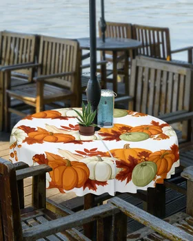 Outono de Abóbora Folhas de Bordo Exterior Branca Toalha de mesa com Guarda-chuva Buraco com Zíper Impermeável Piquenique Pátio Mesa Redonda Tampa