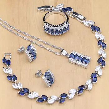 Prata 925 Jóias de Noiva, Conjuntos de Pedra Azul Branco CZ Docoration Para as Mulheres do Partido Brincos Pingentes Anéis Pulseira Colar Definir