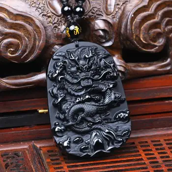 Vintage Obsidiana Natural Dragão Pingente Do Zodíaco Dragão Esculpido Chinês Mascote Amuleto Da Sorte Dos Homens Colar