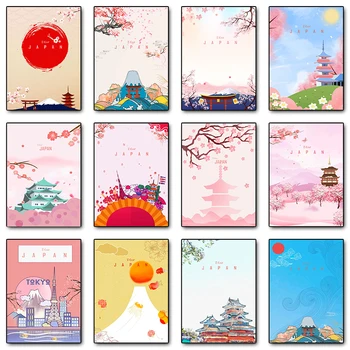 Visitar o Japão Cartaz Sakura Templo do Monte Fuji Cenário de desenho animado Poster HD de Impressão de Tela de Pintura, Arte de Parede de Imagem para a Casa de Decoração de Quarto