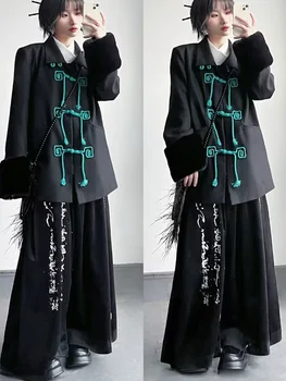 Yohji Yamamoto Novo Chinês Unisex Caligrafia Impressão De Veludo Drapeados Grande Perna De Calça Casual Calças Femininas
